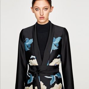 Zara black satin black blue floral Oriental sash belted suit jacket blazer Med